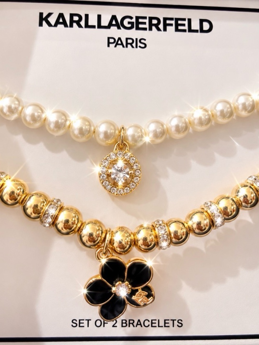 Karl Lagerfeld Pearl & Gold Bracelet Set with Black Flower Charm